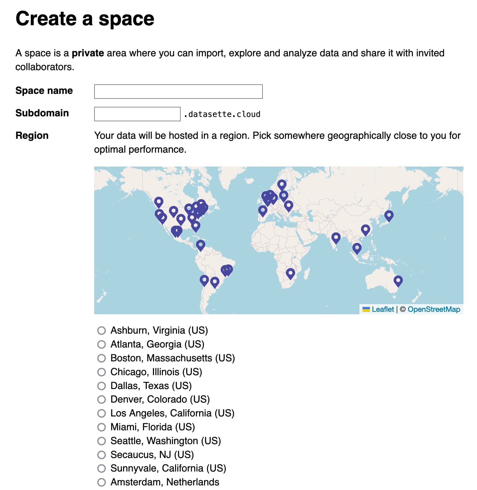 Screenshot of the screen where you create a space, picking a location in the world to host it